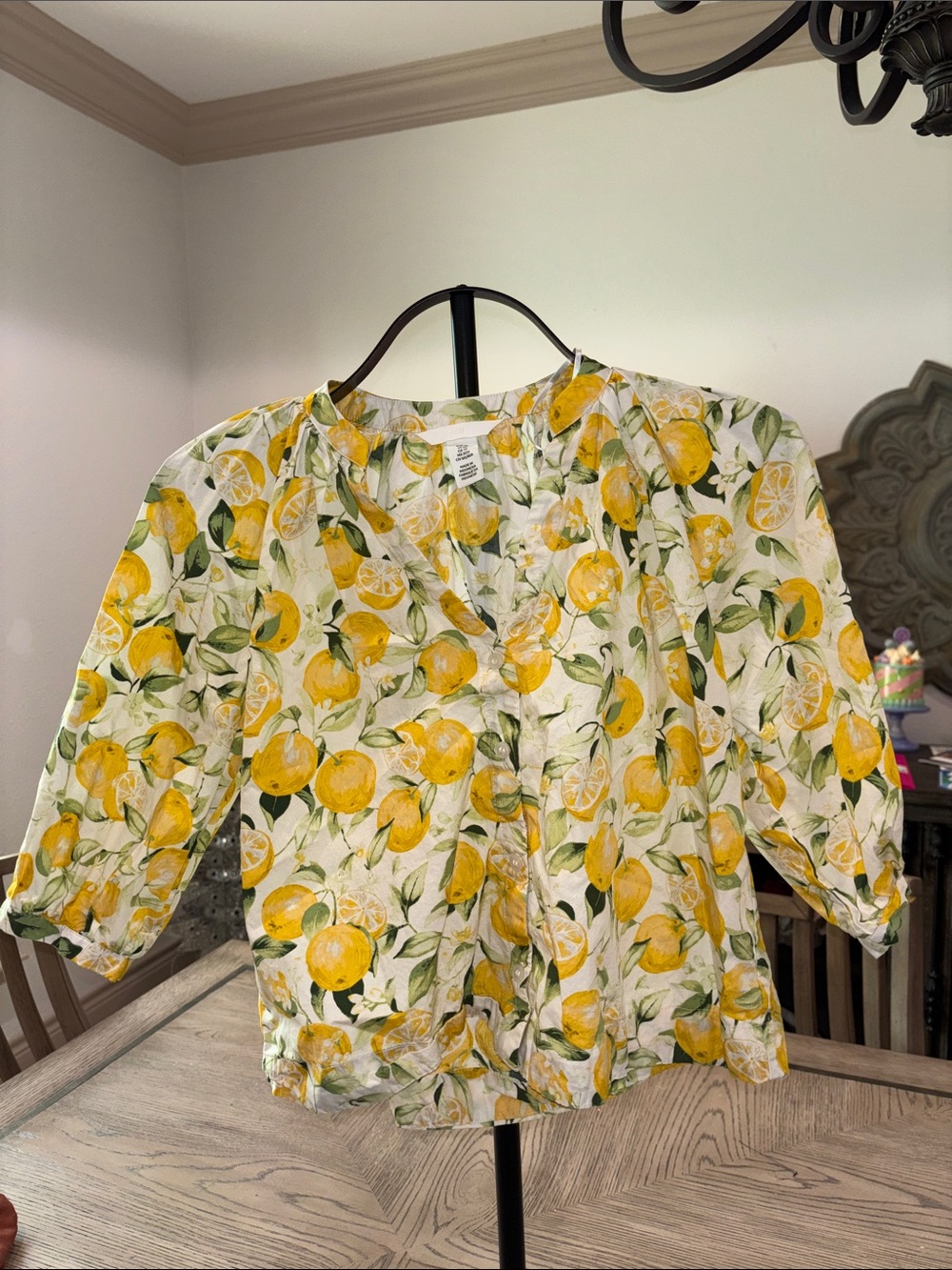 H&M Lemon-Print V-Neck Blouse in White & Yellow